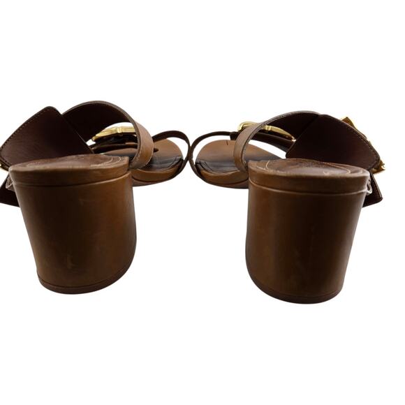 Schutz Enola Mid Block Sandals Womens 8.5 Caramel Brown Leather Gold Tone Buckle - Picture 6 of 10